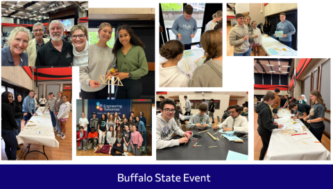 Buffalo State Event - a collage of images taken during the May 21 Bridge Building event at Buffalo State. Pictures show the program directors, high school students posing with bridges made out of popsicle sticks, straws, string, and hot glue. 