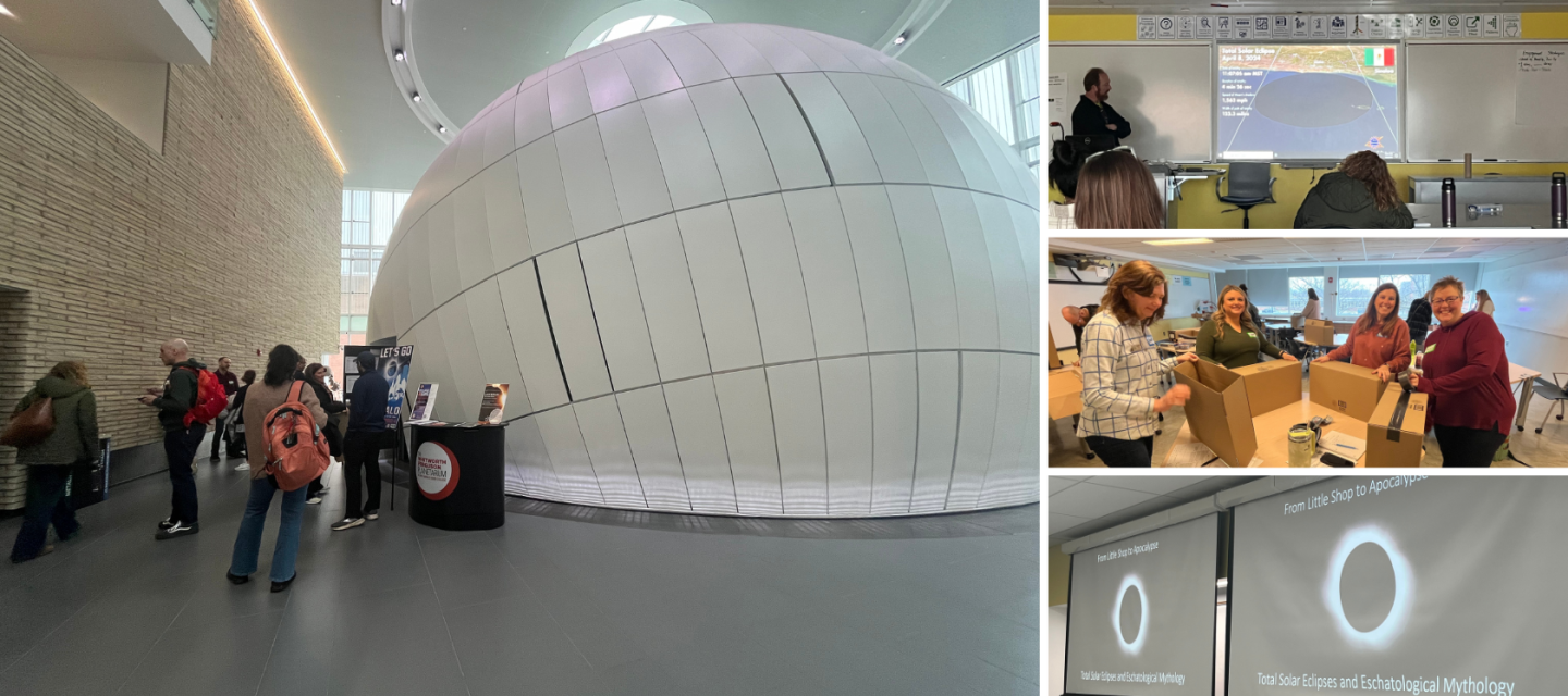 Collage of professional development from March 2 - the planetarium, solar astronomy presentation, making of pinhole viewers, and connections between total solar eclipses & mythology